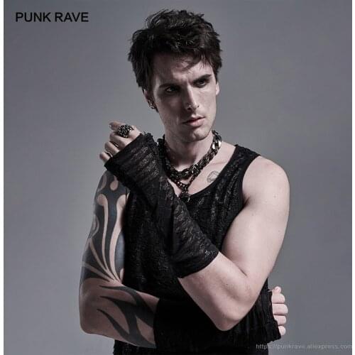 PUNK RAVE Mens Gothic Daily Snake-print Hole-breaking Mesh Cloth Gloves Fashion Novelty Soft Fingerless Black Gloves