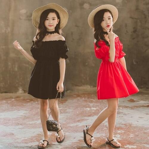 Summer Dresses for Girls Clothing Off Shoulder Flare Sleeve Dresses Cute Kids Party Teenage Girl Princess Dress Tops Clothes