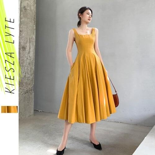 French dress new summer 2019 fairy yellow high waist square neck A line dresses ladies female sexy Robe De Soiree
