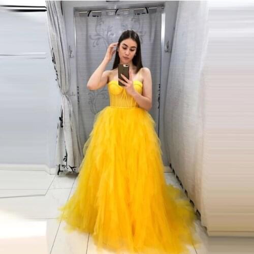 Sexy Yellow Prom Party Dresses Tiered Tulle A-line Spaghetti Straps Sweetheart Evening Occasion Long Gowns