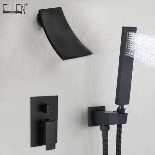 Waterfall Rain Shower Set Black Wall Shower Faucets with Hand Shower Hot Cold Water Mixer ELS91