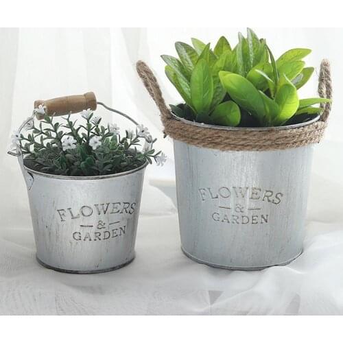 Vintage Iron Art Rope/Wooden Handle Plant Flower Pot Bucket Storage Container