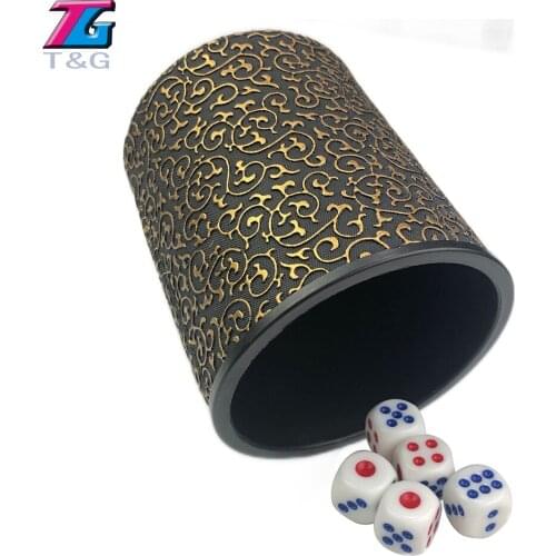 T&G High Quality PU/Black/Gold Leather Dice Cup+5pcs 14mm White Gambling Game KTV Drinking dice