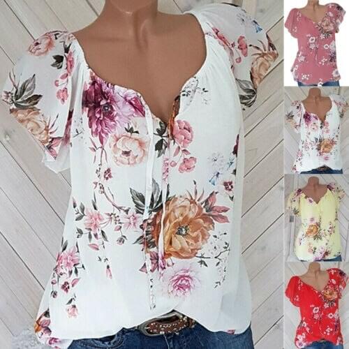 Womens Blouse Plus Size Sexy V Neck Floral Print Flare Sleeve Belted Surplice Peplum Tops And Blouse blusas feminina