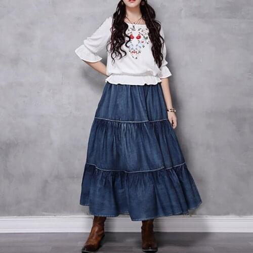 SeeBeautiful New Fashion 2020 Spring Summer Vintage Ruffles Elastic Waist Pleated Loose A-line Denim Half-body Skirt Women W507
