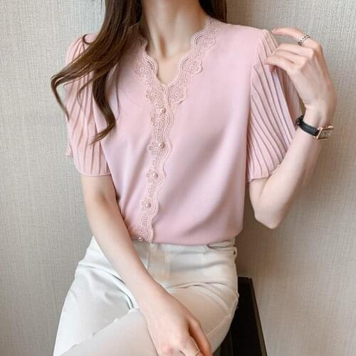 2021summer Lace Patchwork Shirt Womens Tops And Blouses Short SleeveChiffon shirt womens lace V-neck blouse