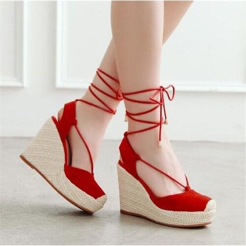 PXELENA Rome Cross tied Gladiator Sandals Women Faux Suede Round Toe Punk Rock Gothic Wedge High Heels Party Ladies Shoes Summer