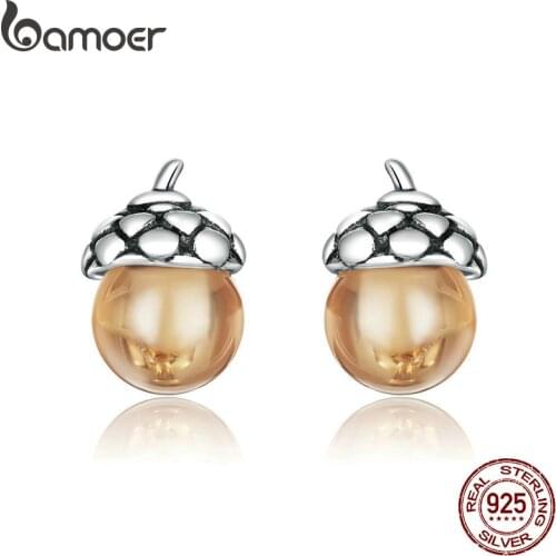 Bamoer Stud Earrings for Women 925 Sterling Silver silver Ear Studs Shining Acorns Engagement Statement Jewelry earring SCE935
