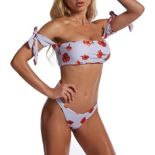 Newest Arrival Women Flower Printed Bikini Suit Ladies Lace-up Shoulder Strap Low Neckline Tops with Triangle Bottom Summer Sets