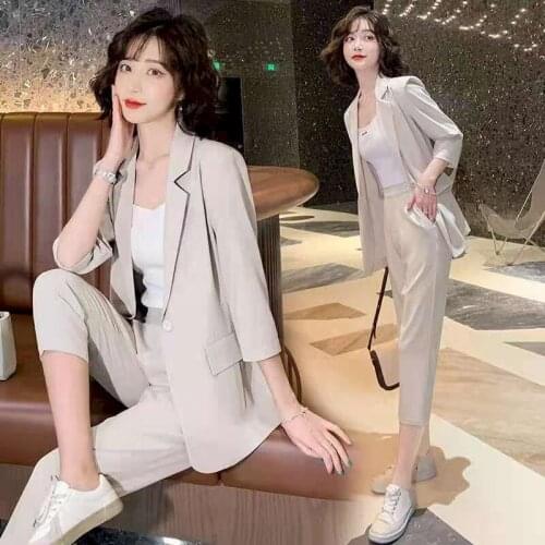 Women Summer Blazer Sets Womens Suit Jacket Korean Fashion Temperament Cropped Trousers Large Size Casual Suits Two Piece Sets
