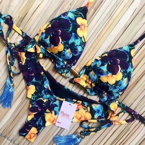 Duas peças feminino floral push-up acolchoado sutiã babados bandage bikini conjunto triângulo maiô banho maiô beachwear biquini