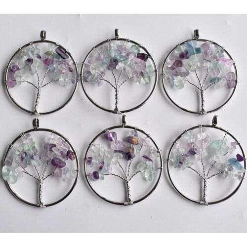 Wholesale 12pcs/lot fashion natural fluorite stone Tree of life handmade wire wrapped Pendants 50mm for necklace marking free