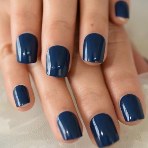 Short Square Acrylic Fake Nails Full Cover Dark Blue Manicure Accessories Wearable For Finger Press On Nails