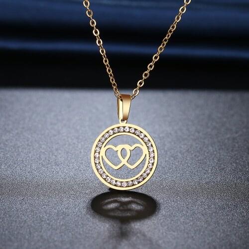 CACANA 316L stainless steel Necklace NEW Crystal Rhinestone Two Hearts Necklaces For Women Wedding Valentines Day Gifts