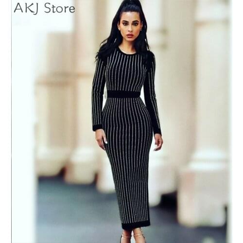 Colorful Sequin Embellished Long Bodycon Dress Black Hot Drilling Sleeve Mid Calf Dress Shining Party Dresses