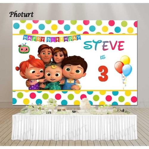 PHOTURT Cocomelon Party Backdrop Kids Birthday Supply Polka Balloon Vinyl Photography Banner Photo Background Decorate Props