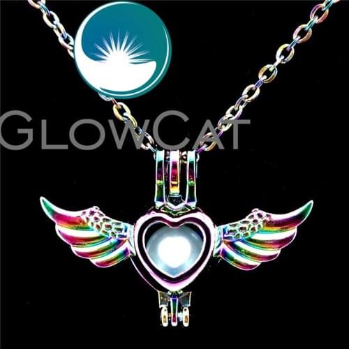 GLOWCAT C650 Rainbow Colors Eagle Wings Heart Beads Cage Essential Oil Diffuser Aromatherapy Pearl Cage Locket Necklace