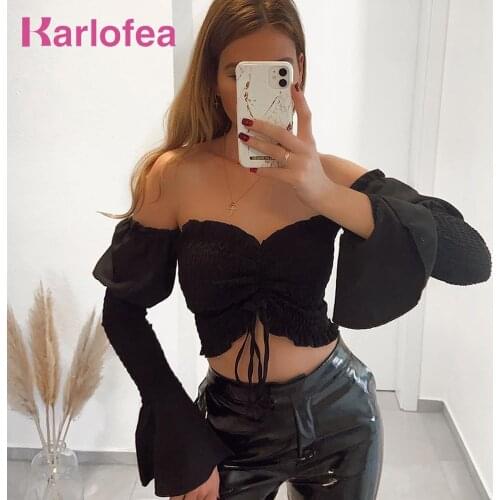 Kealofea New Pleated Crop Tops Sexy Slash Neck Flare Sleeve Shirts Street Wear Outfits Sexy Ruched Mejur Blusa Top Clothes 2020