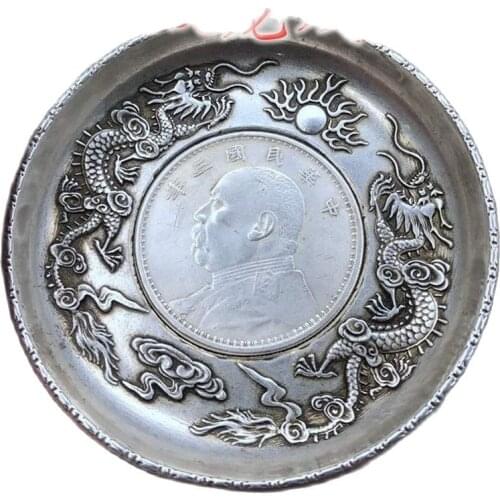 China old Carved Tibetan silver writing-brush washer Double dragon plates
