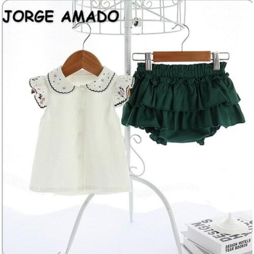 2021 Spring New Girls 2-pcs Sets Sleeveless Peter Pan Collar White Top + Green Solid Color Shorts Kids Clothes E9212