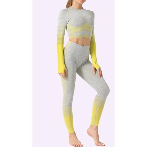 Seamless Long Sleeve Fitness Set Women Gym Clothing Ombre Legging Set High Waisted Winter Sport Outfit Gym Wear Sport 2pcs Suit