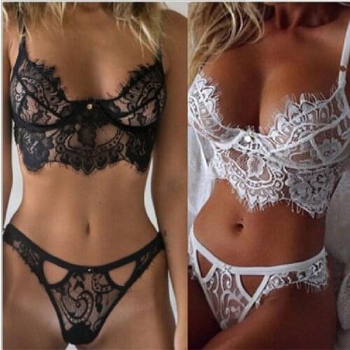 Women Bra & Pants Sexy Lingerie Set Eyelash Lace Open Cup Teddy Babydoll Underwear White Black 3XL