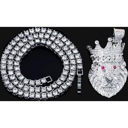 2021 Gold Color Cuban Crown Lion Pendant & 4mm Tennis Chains With Red Eye Full Iced Out Cubic Zirconia Hiphop Necklace Jewelry