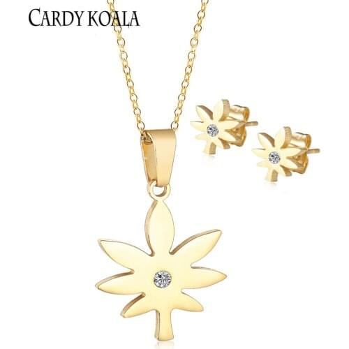 Forest leaves diamond titanium steel small fresh set earrings pendant necklace gold-plated childrens earrings first product