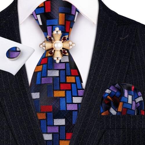 Fashion Brooches Blue Men Wedding Tie Novelty Silk Necktie Hanky Set Barry.Wang Fashion Designer Neck Tie For Men Gift Party