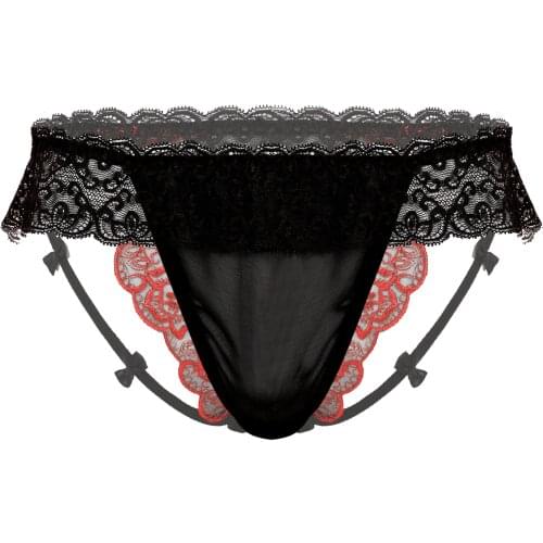 Men Lace Trim Cutout T-back Underpants Sissy Underwear Floral Embroidery Ruffles Panties See-through Patchwork Lingerie Thongs