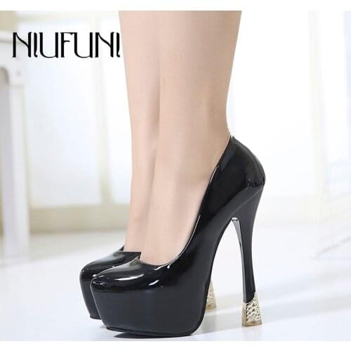 NIUFUNI 2020 Women Pumps Sexy Waterproof Platform 15cm Ultra High Heels Round Head Patent Leather Party Wedding Shoes Woman