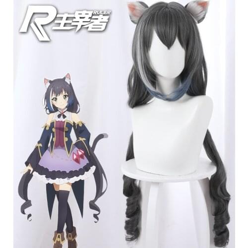 Wigs Game Princess Connect! Re:Dive Kyro Cospaly Gradient Cat Ears Long Curly Ponytail Unisex Highly Reductive Role Play