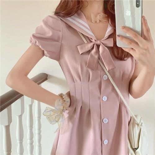Summer 2021 Japanese Kawaii Pink Slim Dress Female Vintage Sweet Cute Bow Tied Short Sleeve Dress Solid Holiday Dress for Women
