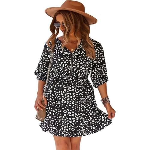 Spring Dress Women Robe Femme Leopard Print Drawstring A-Line Dresses Zipper V-Neck Long Sleeve Dress For Woman Vestido De Mjuer