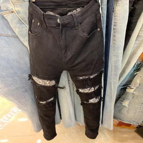 Hole Straight Leg Pant Fashion Brand Men Jean Stretch Retro Skinny Denim Jean Men Ripped Wash Hole Stacked Jeans Motorcycle Pant