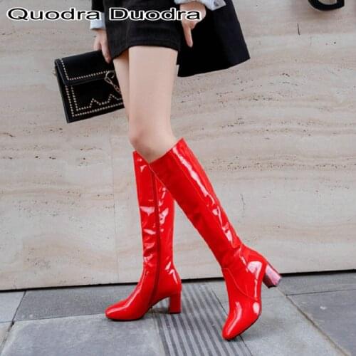 Winter autumn patent PU leather glossy woman boots block high heels red white black women knee high boots zipper booties