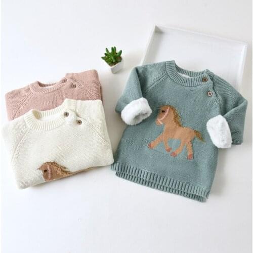 1 2 3 4 5 6 Years Toddler Girls Sweater Autumn Winter Plus Cashmere Knitted Sweater For Girls Baby Kids Clothing Horse Pullover