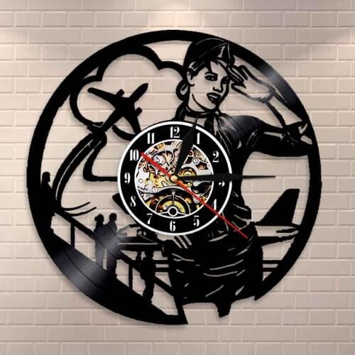 Vintage Airline Pilot Sign Home Decor Airlines Stewardess Professional Wall Clock Flight Attendent Lady Vinyl Record Wall Clock