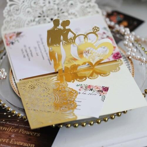 Gold Metallic Pop Up Wedding Invitation DIY Laser Cut Bride And Groom Cards With Personalized Print For Bridal Shower Party
