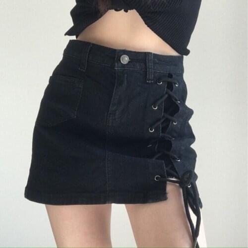 2021 Denim A-line lace-up skirts women front ring zipper fashion empire mini skirt bottoms wom