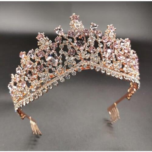 Pink Crystal Tiaras and Crown Bridal Wedding Accessories Simple Crystal Headpieces Headbands for Women Girls Party Hair Ornament