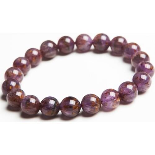 10mm Genuine Natural Cacoxenite Rutilated Quartz Bracelet Purple Gold Crystal Round Bead Stretch Bracelet
