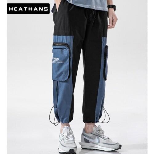2021 Summer New Cargo Pants Mens Loose Casual Sweatpants For Male Korean Ankle Length Pant Men Elastic Waist Patchwork Trousers