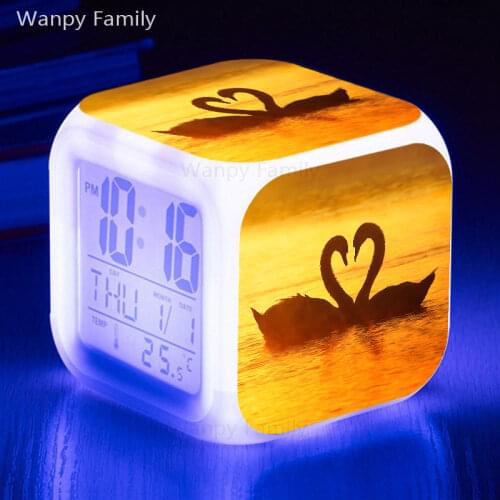 Beautiful Swan Alarm Clock 7 Color Changing Bedside Table Digital Clock LED Night Light Flashing Electronic Watch for kids gifts