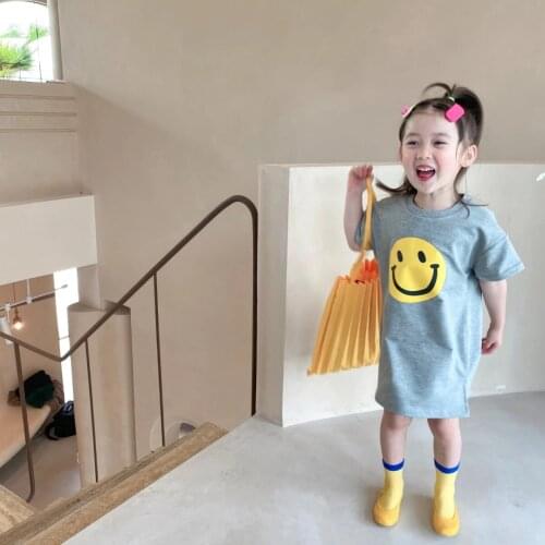 Girls summer smile printing long T shirts 2021 korean style short sleeve loose casual mid-length dress