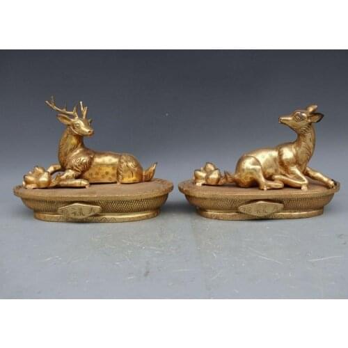 China Feng Shui Bronze Copper Lucky Sika Deer Plum Blossom Deer pair Statue