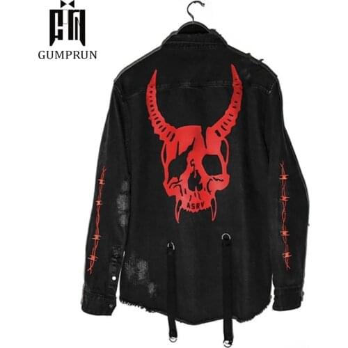 Denim Jacket Black Coat Casual Harajuku Streetwear Vintage Jeans Coat Gothic Embroidery Demon Hunter Skull Men Rock Punk Jacket