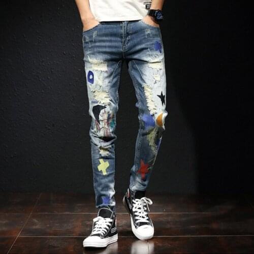 Original Design New European American Mens Elastic Jeans Small Feet Embroidery Holes Slim Trousers Fashionable Nightclub Style
