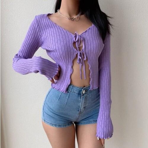 Europe Sexy Hollow-out Bandage Full Sleeve Knitted Cardigan Ruffle Exquisite Slim Solid Color V-neck Top Sweater RVCB