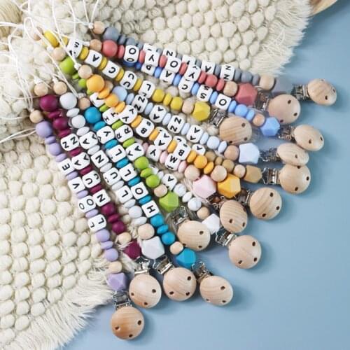 Personalized Name Handmade Silicone Beech Wood Nursing Toys Teething Pacifier Clip with Name DIY BABY Custom